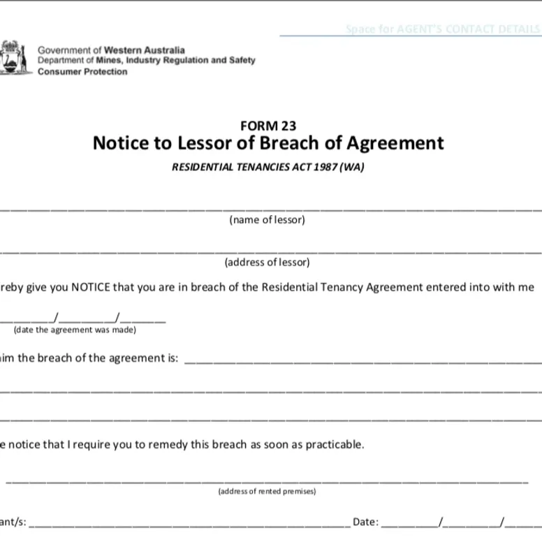 A form titled "Notice to Lessor of Breach Agreement"